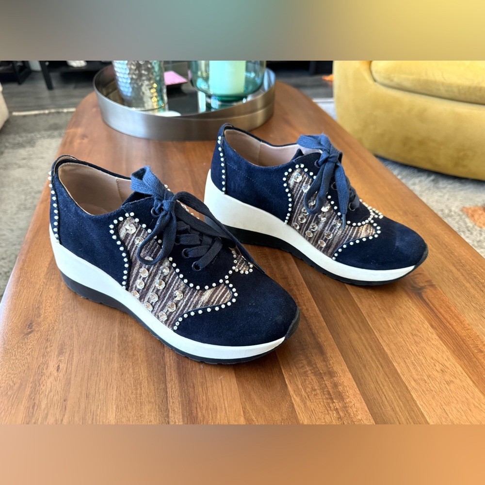 Desigual Wedge Pearl Suede Trainers with Crystal & Pearl Detail - Picture 7 of 12